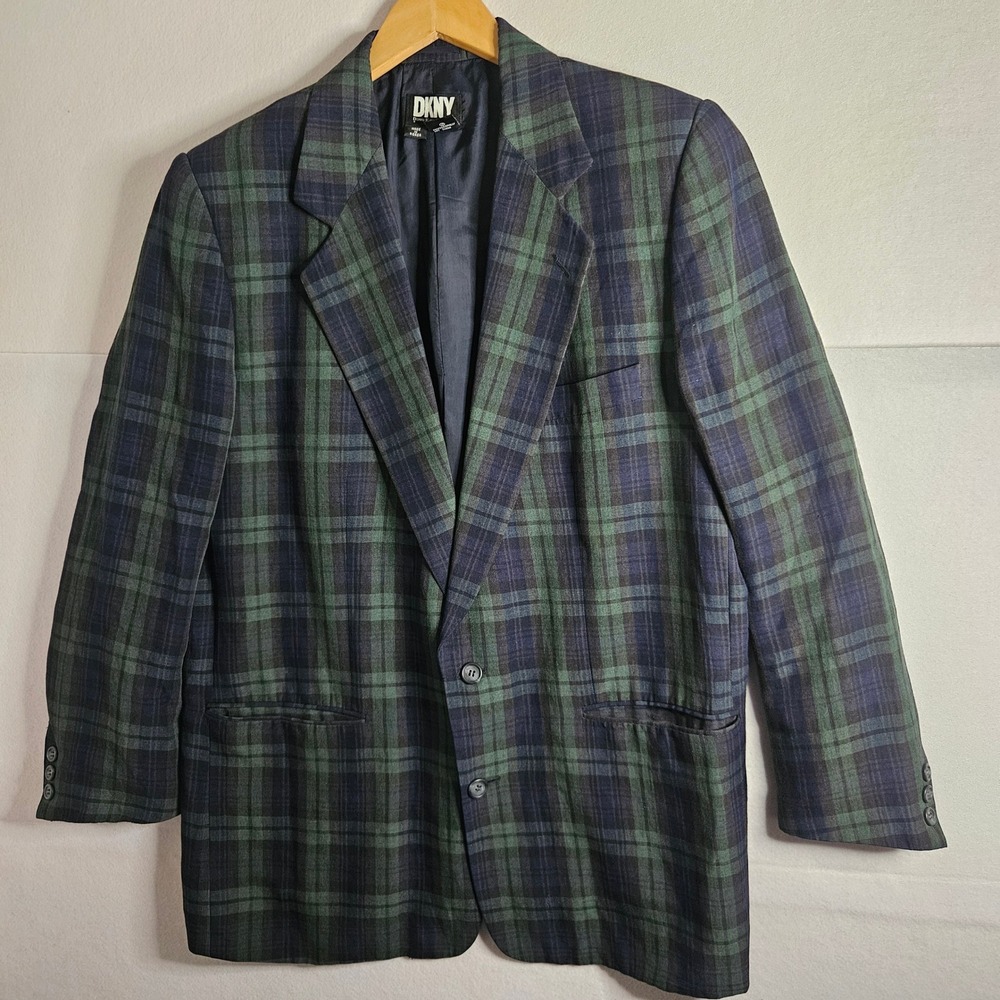 Vtg DKNY Black Watch Plaid Tartan Blazer Green Navy Linen Blend Jacket Mens L 42